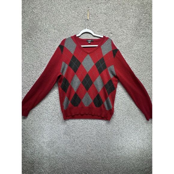 J.CREW V-Neck Italian Argyle Plaid Slim Cashmere Sweater Pullover Red Size Large - Picture 1 of 11